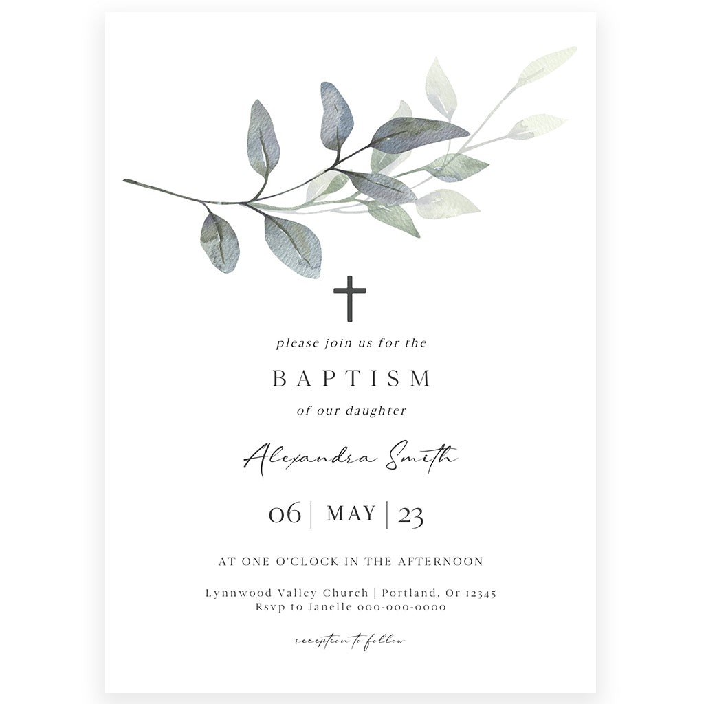 Eucalyptus Leaf Baptism Invitation | www.foreveryourprints.com
