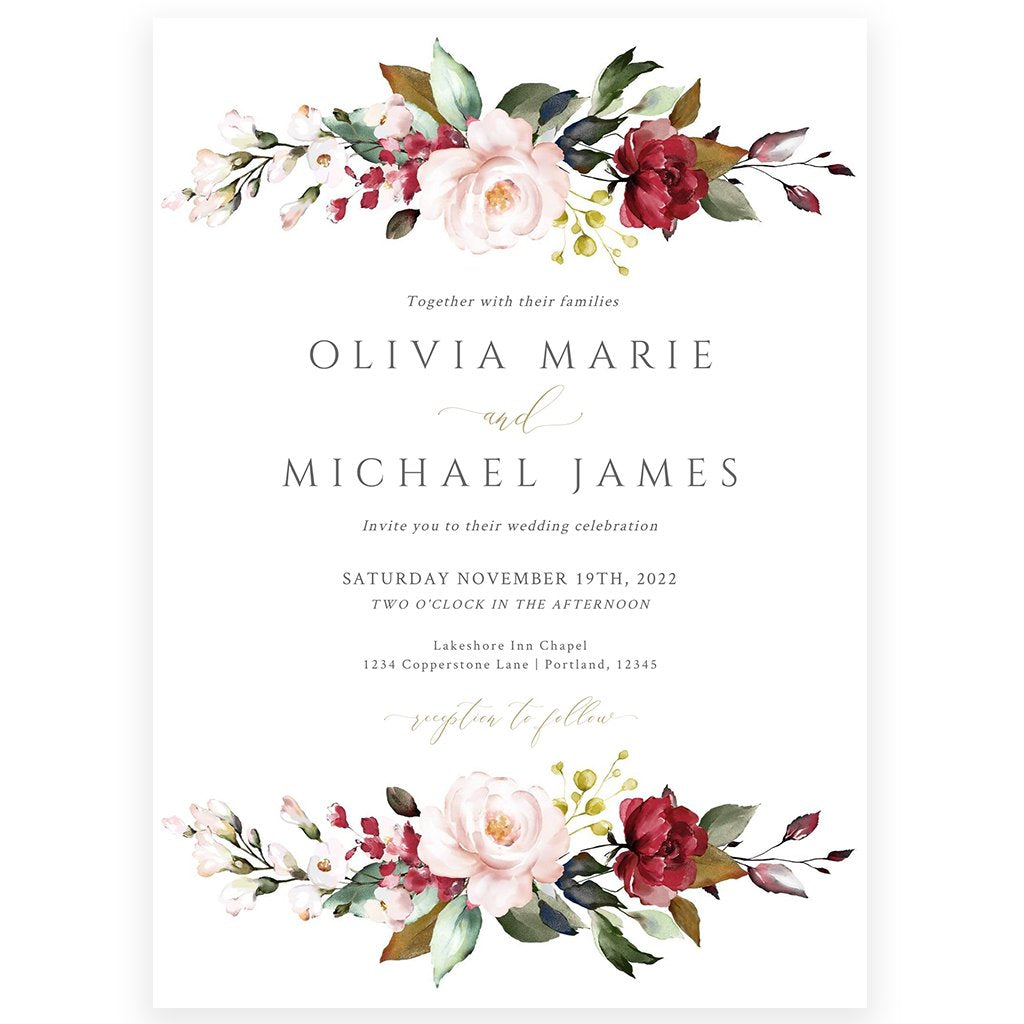 Burgundy Floral Wedding Invitation | www.foreveryourprints.com