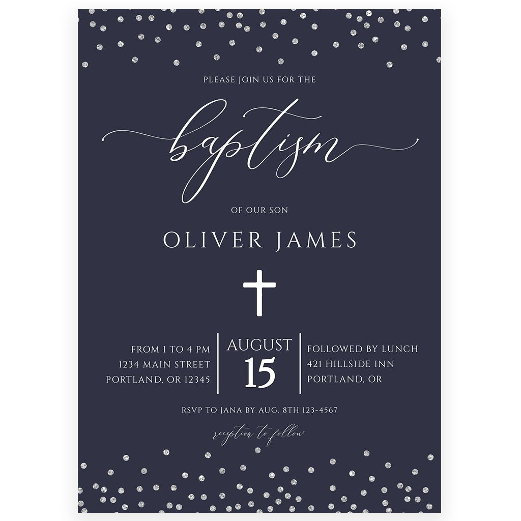Navy and Silver Baptism Invitation | www.foreveryourprints.com