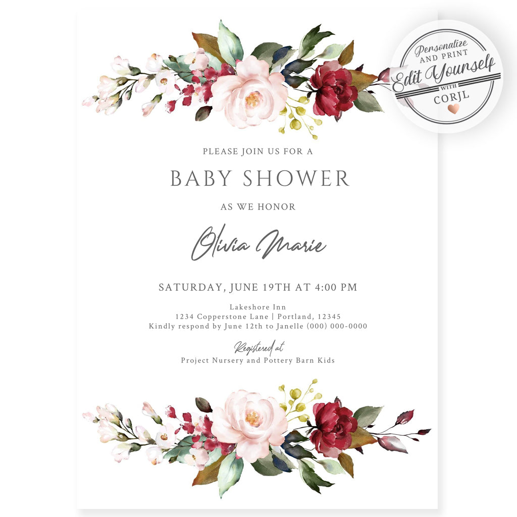 Burgundy Florals Baby Shower Invitation | www.foreveryourprints.com