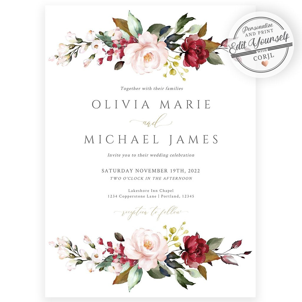 Burgundy Floral Wedding Invitation | www.foreveryourprints.com
