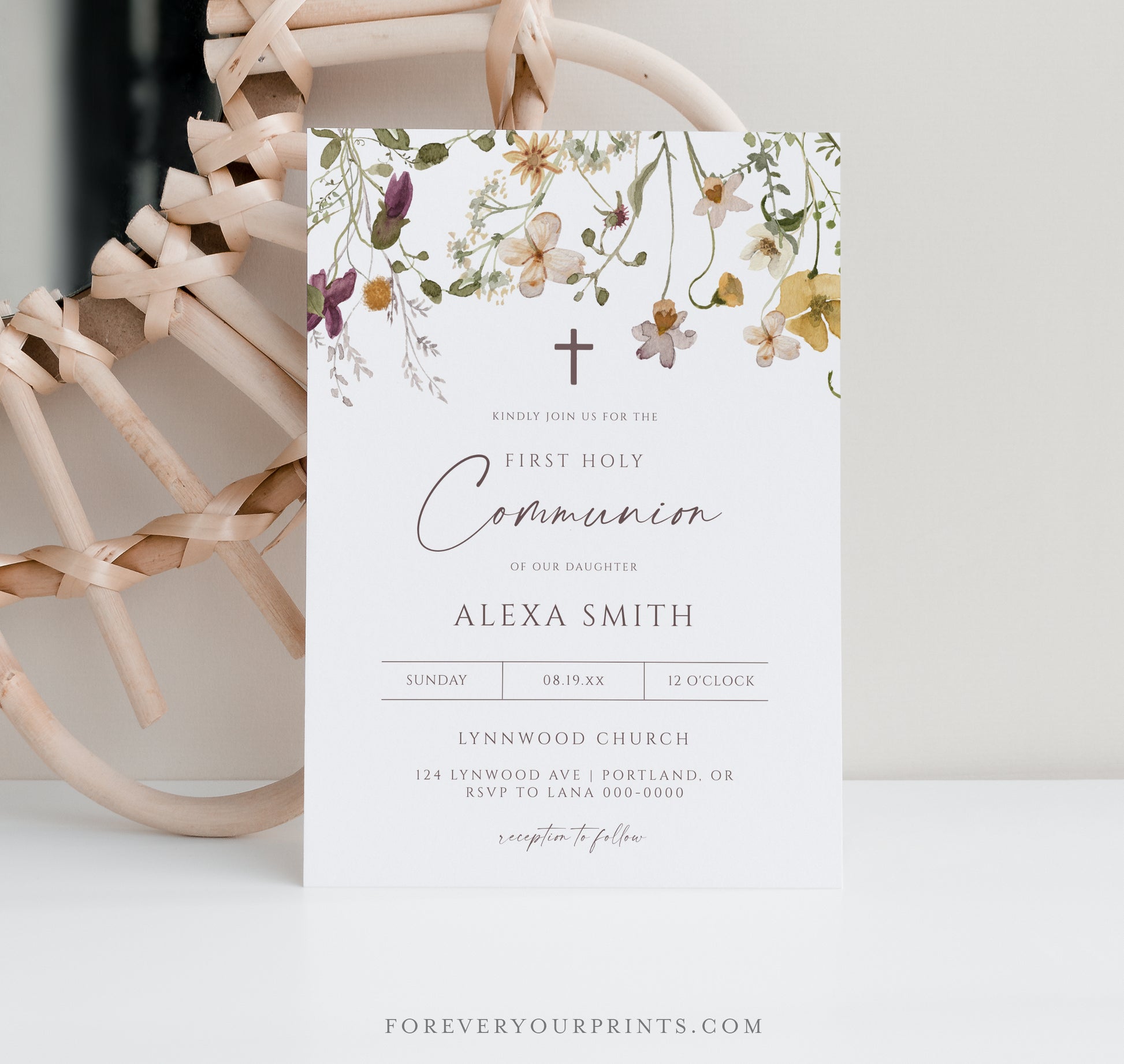 first holy communion invitation card editable Wildflower First Communion Invitation