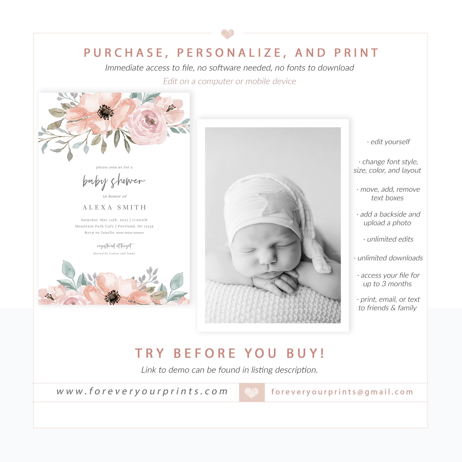 Floral Girl Baby Shower Invitation | www.foreveryourprints.com