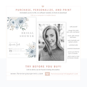 Muted Blue Florals Bridal Shower Invitation | www.foreveryourprints.com