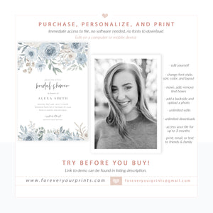 Muted Blue Florals Bridal Shower Invitation | www.foreveryourprints.com