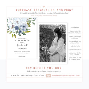 Blue Florals Baby Shower Invitation | www.foreveryourprints.com