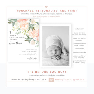 Floral First Communion Invitation