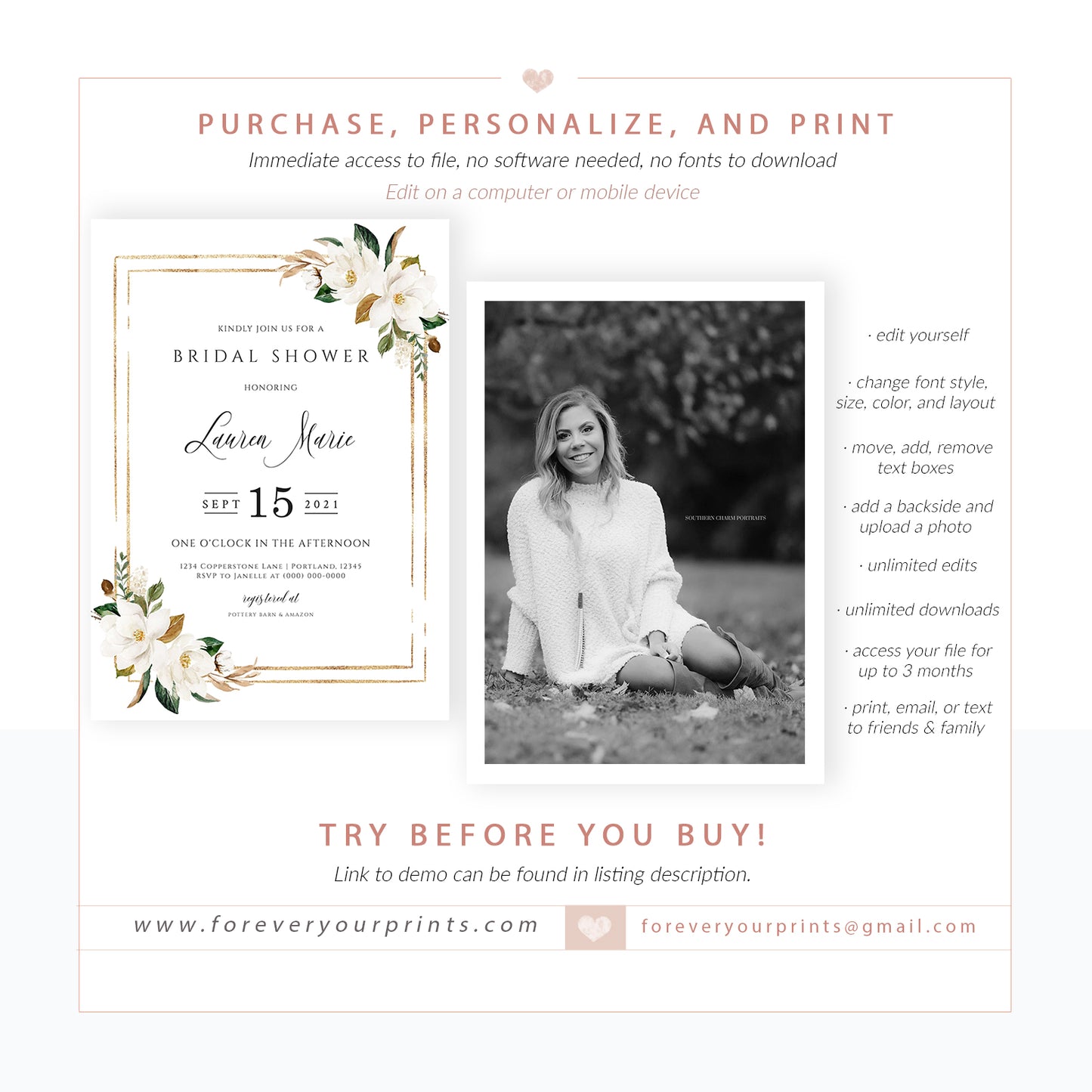 Magnolia Bridal Shower Invitation | www.foreveryourprints.com