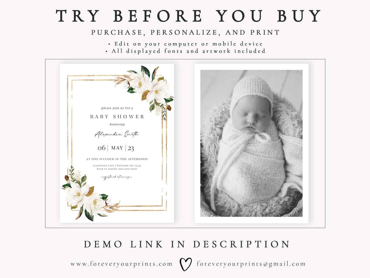 Magnolia Baby Shower Invitation | www.foreveryourprints.com