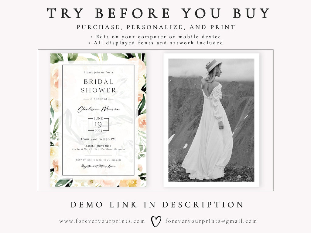 Floral Greenery Bridal Invitation | www.foreveryourprints.com