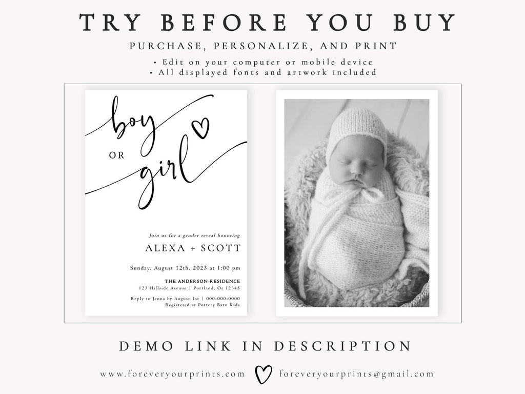 Classic Gender Reveal Baby Invitation | www.foreveryourprints.com
