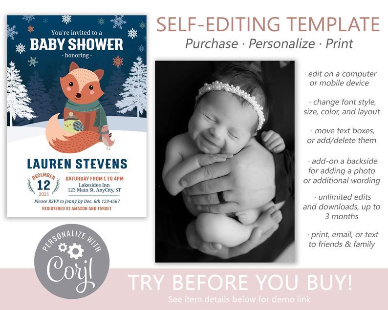 Winter Fox Baby Shower Invitation | www.foreveryourprints.com