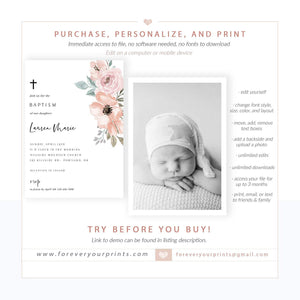 Floral Baptism Invitation | www.foreveryourprints.com