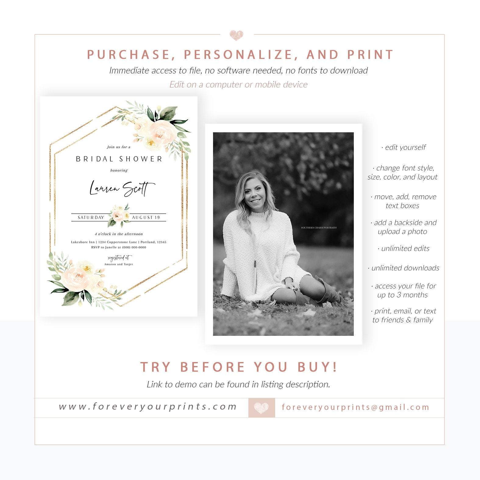 Floral Bridal Shower Invitation | www.foreveryourprints.com