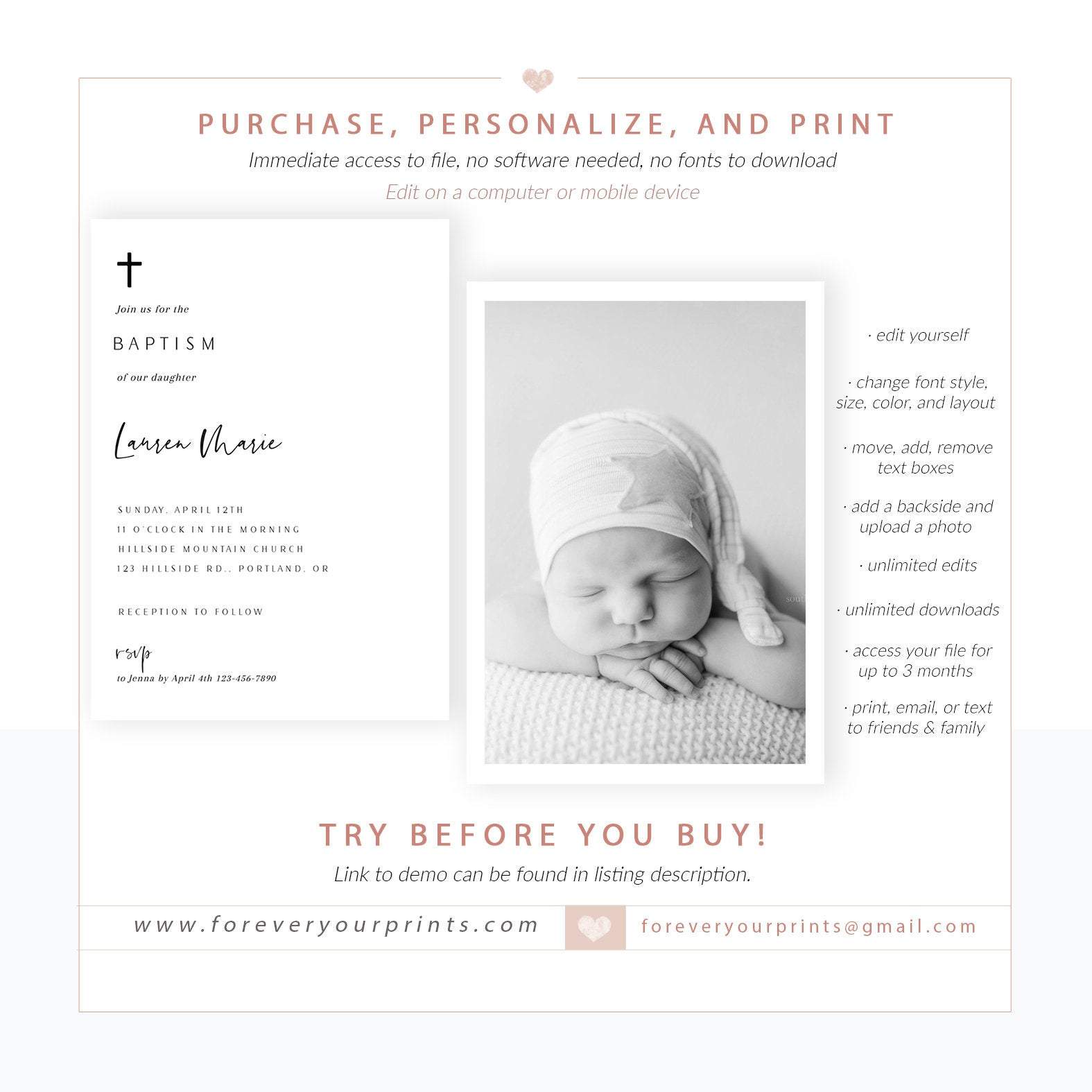 Minimalist Baptism Invitation | www.foreveryourprints.com