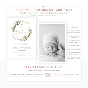 Greenery with Gold Baptism Invitation | www.foreveryourprints.com