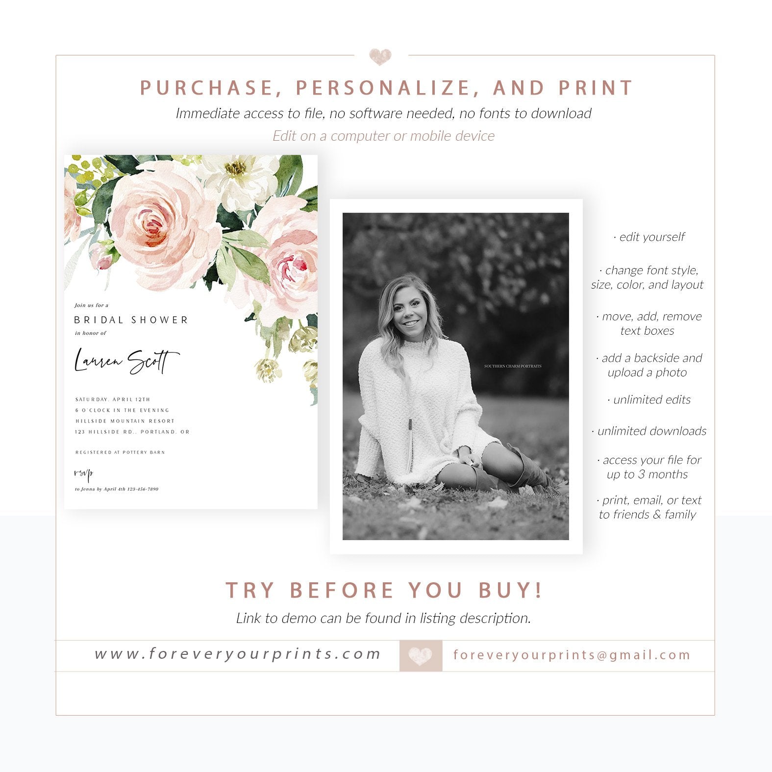 Floral Bridal Shower Invitation | www.foreveryourprints.com